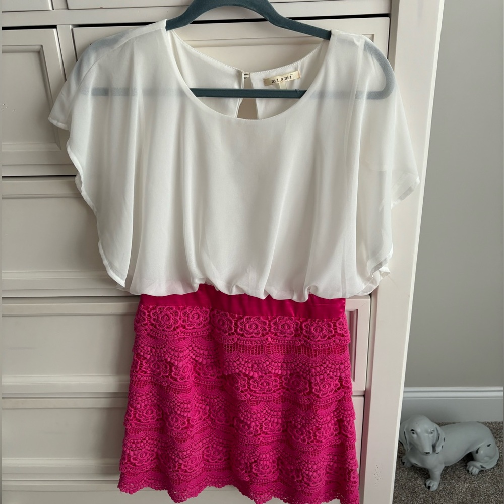 Miami brand dress, blouse look on top, hot pink lace skirt on bottom